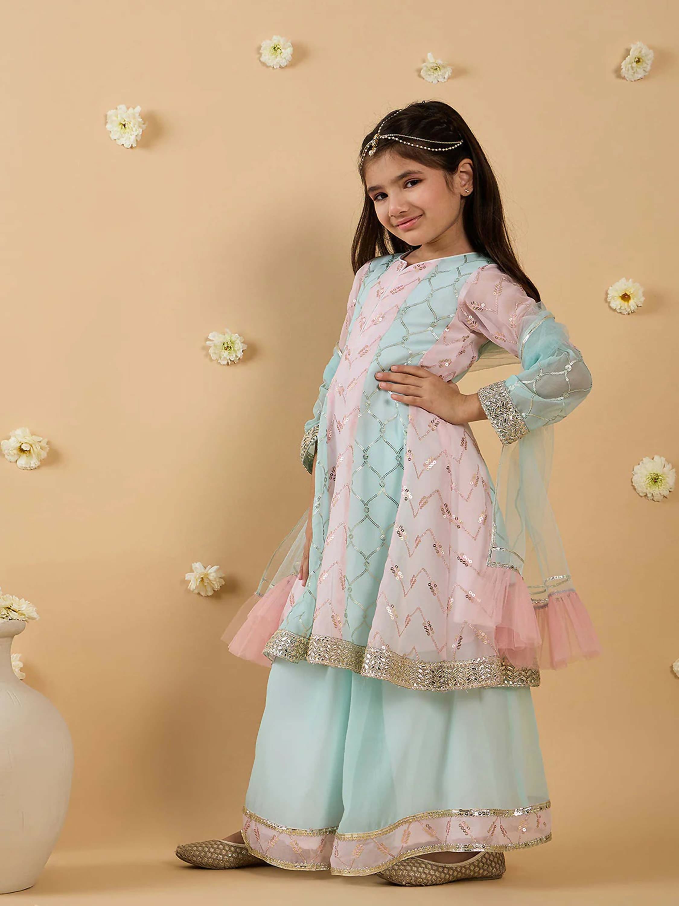 Joban Fashion Girl's Baby Pink & Sky Blue Color Lehenga Choli