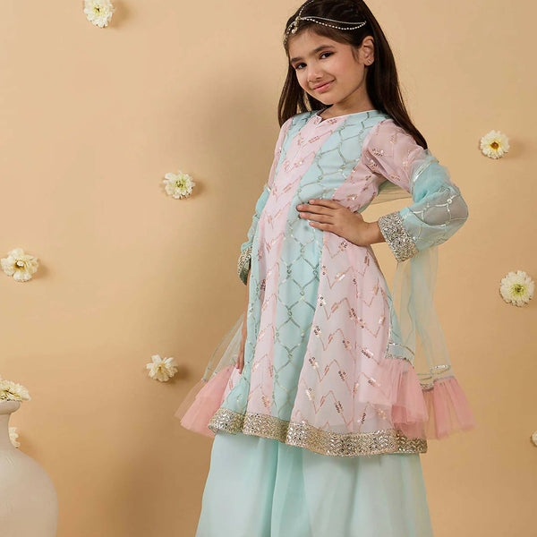 Joban Fashion Girl's Baby Pink & Sky Blue Color Lehenga Choli