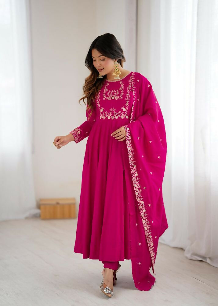 Joban Fashion Dark Pink Kurta Set Chanderi Sequence Embroidery Work
