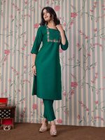 Thumbnail for Ode by House of Pataudi Women Round Neck Three-Quarter Sleeves Embroidered Straight Kurta - Distacart