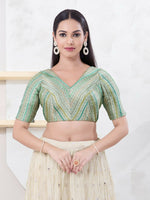 Thumbnail for Joban Fashion Pista-Green Jacquard Elbow Sleeveless Back Open Blouse