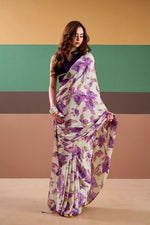 Thumbnail for Vastranavya Purple Satin Silk Floral Printed Saree with Stitched Blouse - Distacart