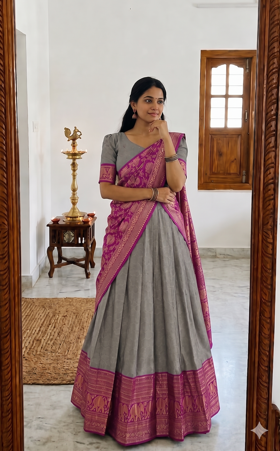 Teeya Creation Grey Traditional Lehenga Choli Set Featuring Intricate Purple and Gold Zari Detailing - Dista