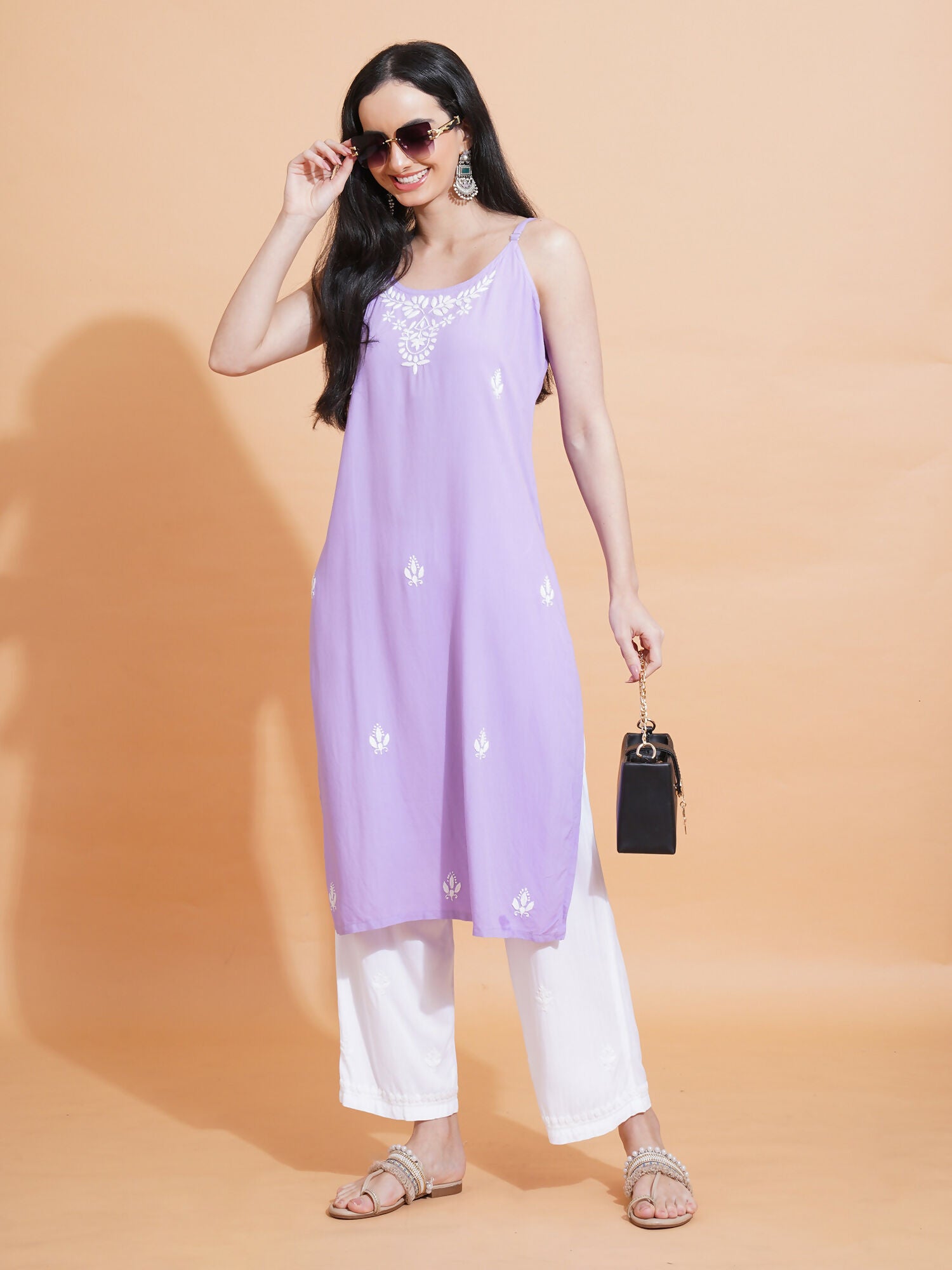 Pahnaz Luxury Rayon Chikankari Sleeveless Long Kurti-Lavender - Dista