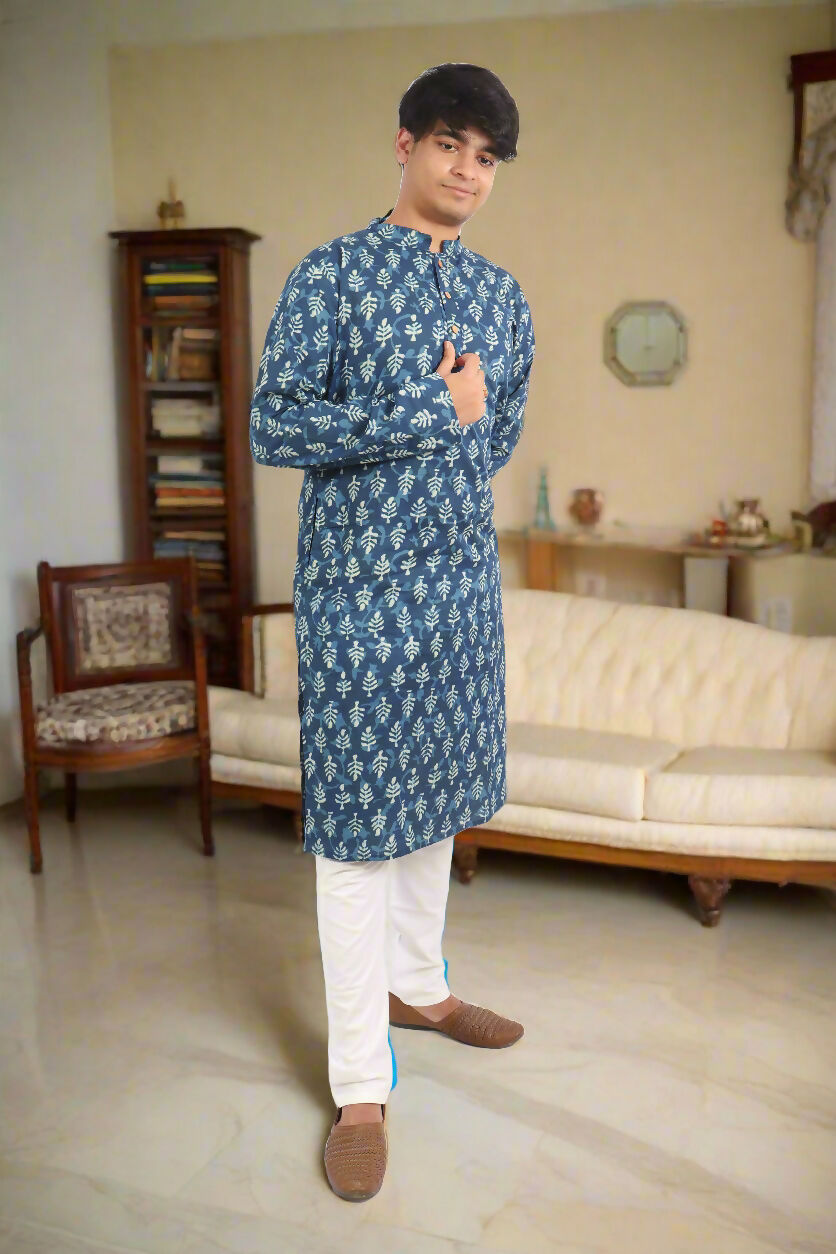 Souchii Men's Ethnic Printed Pure Cotton Kurta – Indigo Leaf Motif
