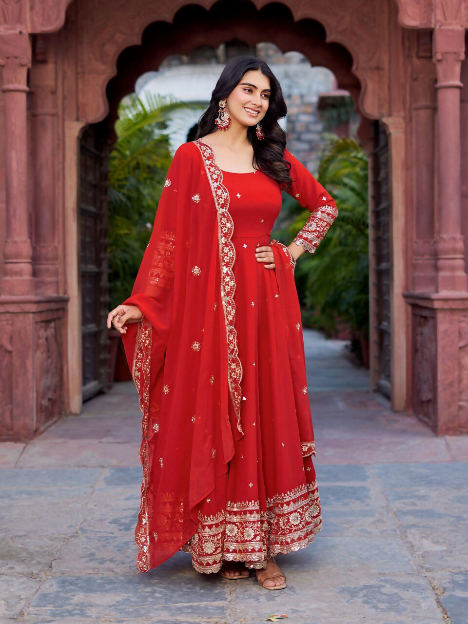 The52 Women's Beautiful Faux Georgette Fabric Embroidery Work Flared Anarkali Pant and Dupatta Set - Distacart