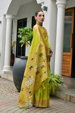 Thumbnail for Vishnu Weaves Women's Mahendi Paithani Silk Zari Woven Saree with Blouse