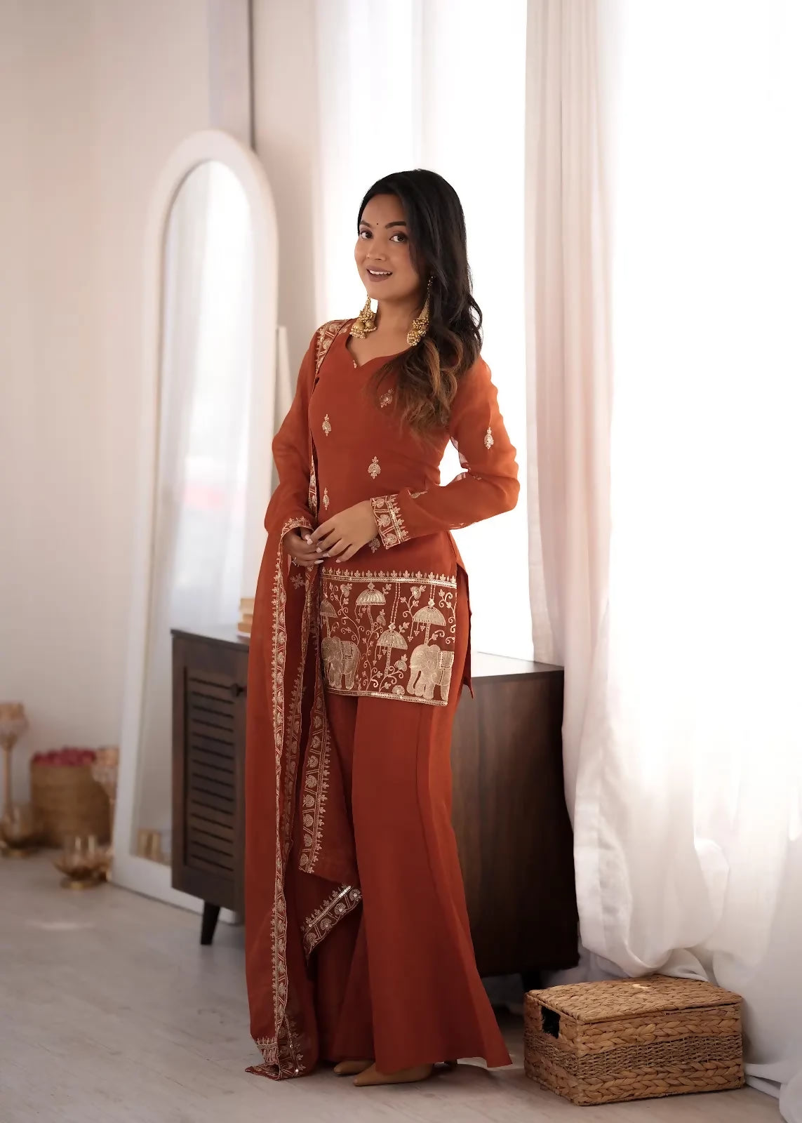 Teeya Creation Rust Embroidered Kurti Set with Dupatta & Pants - Dista