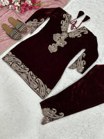 Thumbnail for Vastranavya Wine Viscose Velvet Cording Sequence Embroidery Work Suit-Bottom With Dupatta - Distacart