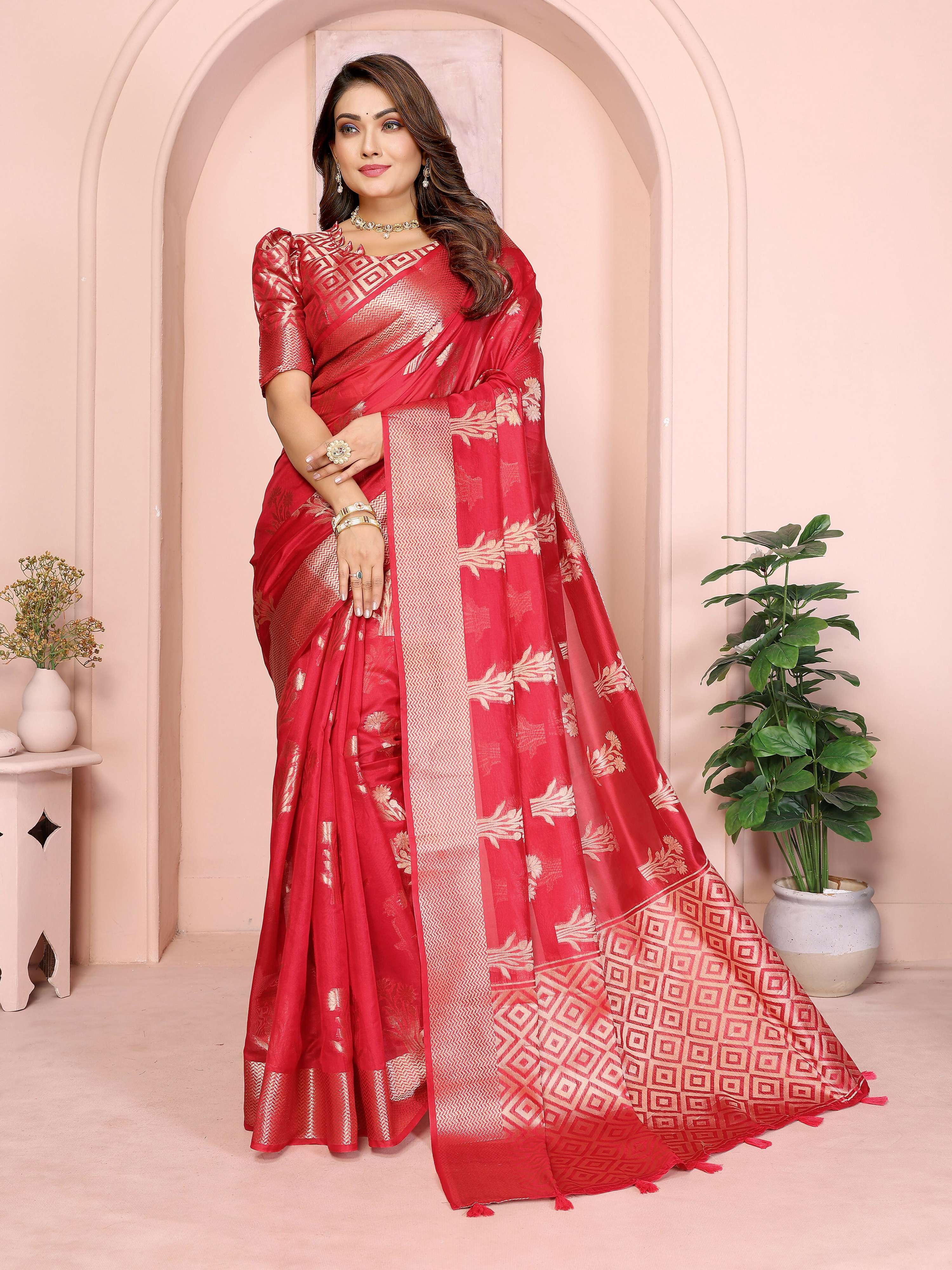Aastha Fashion Red Soft Organza Silk Weaving Saree - Distacart