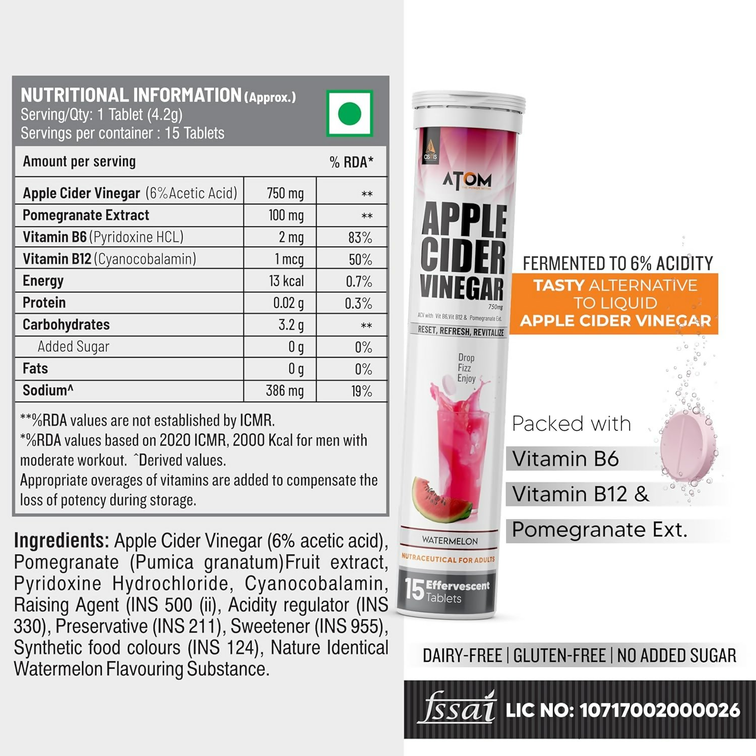 As-It-Is Atom Apple Cider Vinegar Effervescent Tablets Water Melon Flavor For Weight Loss