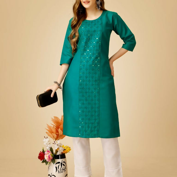 Jyoti Fashion Women's Rama Cotton Blend Embroidered Kurta Pant Set - Distacart