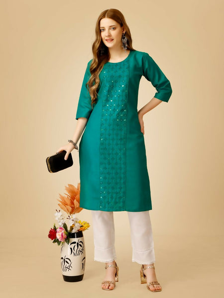 Jyoti Fashion Women's Rama Cotton Blend Embroidered Kurta Pant Set - Distacart