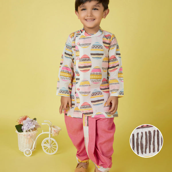 Joban Fashion Kids Island Cotton Full Sleeves printed Kurta and Solid Dhoti - Pink - Distacart