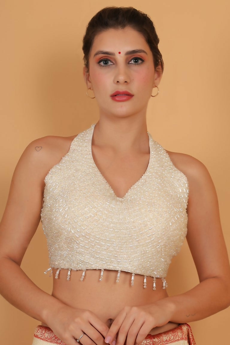 Joban Fashion Silk Pearl And Beads Hand Embroidery Padded Blouse - White