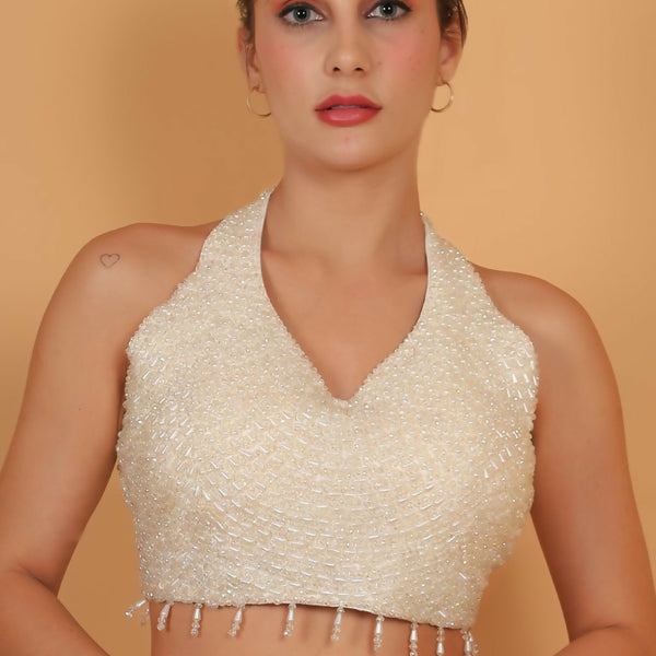 Joban Fashion Silk Pearl And Beads Hand Embroidery Padded Blouse - White