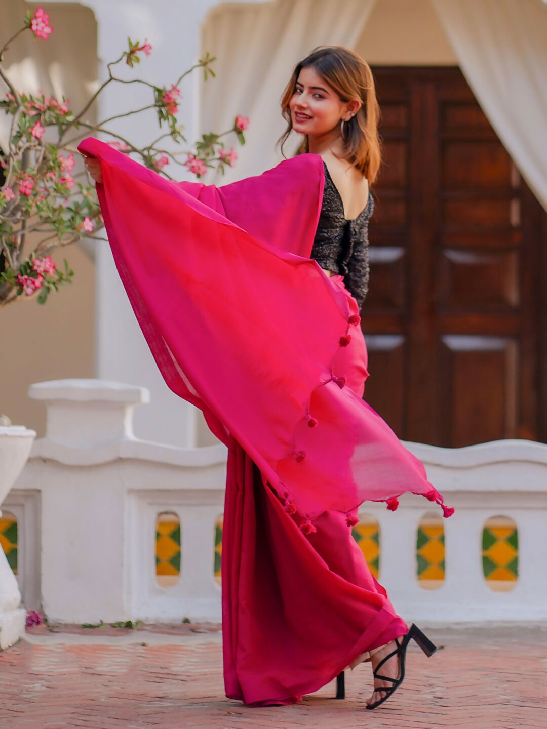 Zibaa Hand-Dyed Mul Cotton Pink Saree with Tassels