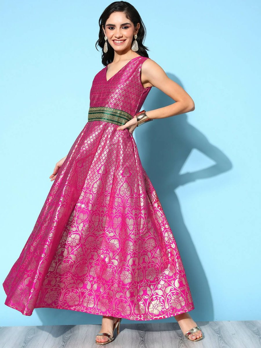 Ahalyaa Women Pink Poly Silk Gold Printed Dress - Distacart