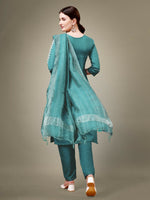 Thumbnail for Jyoti Fashion Women's Teal Cotton Blend Embroidery & Sequence work Kurta with Trouser & Dupatta - Distacart
