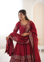 Thumbnail for Teeya Creation Maroon Roman Silk Embroidery Work Party Wear Long Gown - Distacart