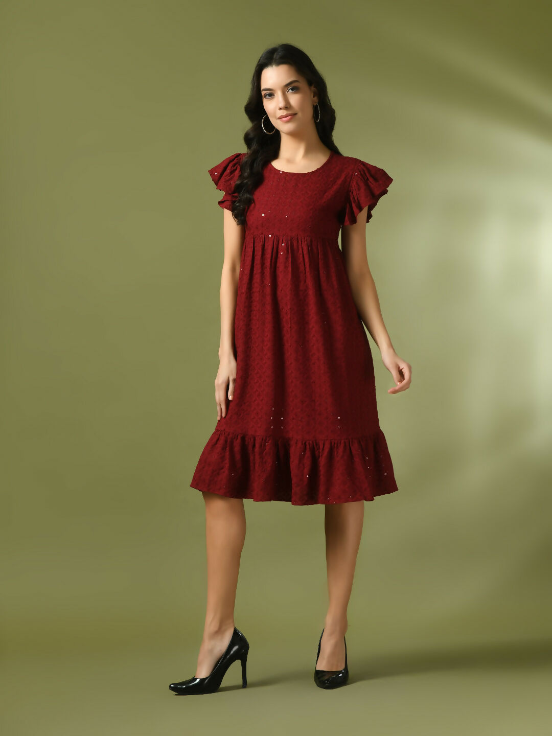 Myshka Women's Maroon Embroidered Cotton Round Neck A-Line Party Dress - Distacart