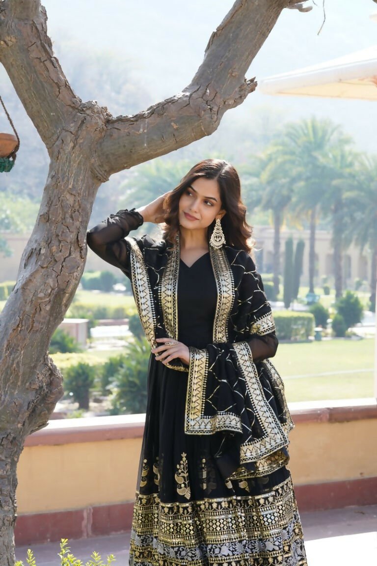 Aastha Fashion Women's Black Faux Georgette Sequins Embroidered Anarkali Dress with Dupatta - Distacart
