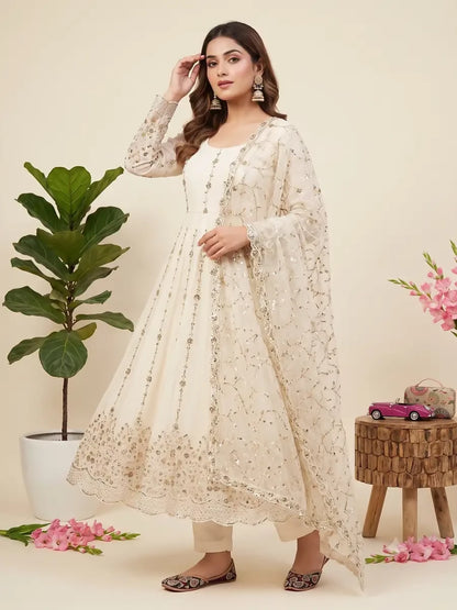 Teeya Creation Designer White Heavy Zari & Sequins Work Anarkali Gown - Dista