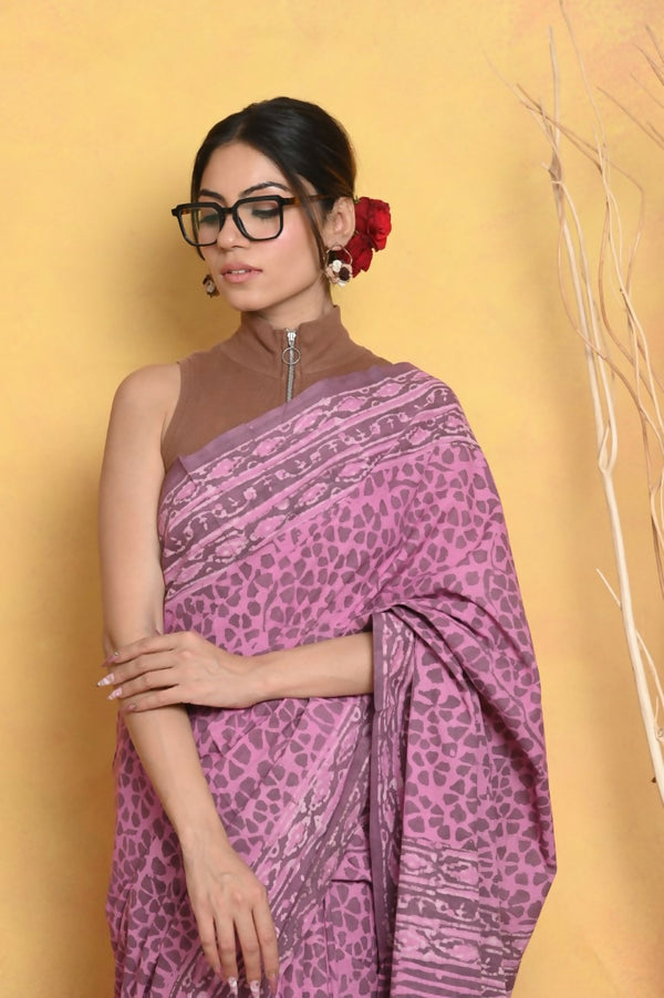 Very Much Indian Handblock Printed Cotton Saree With Natural Dyes - Pink - Distacart