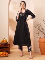 Thumbnail for Janasya Black A-Line Cotton Kurta & Bottom - Dista
