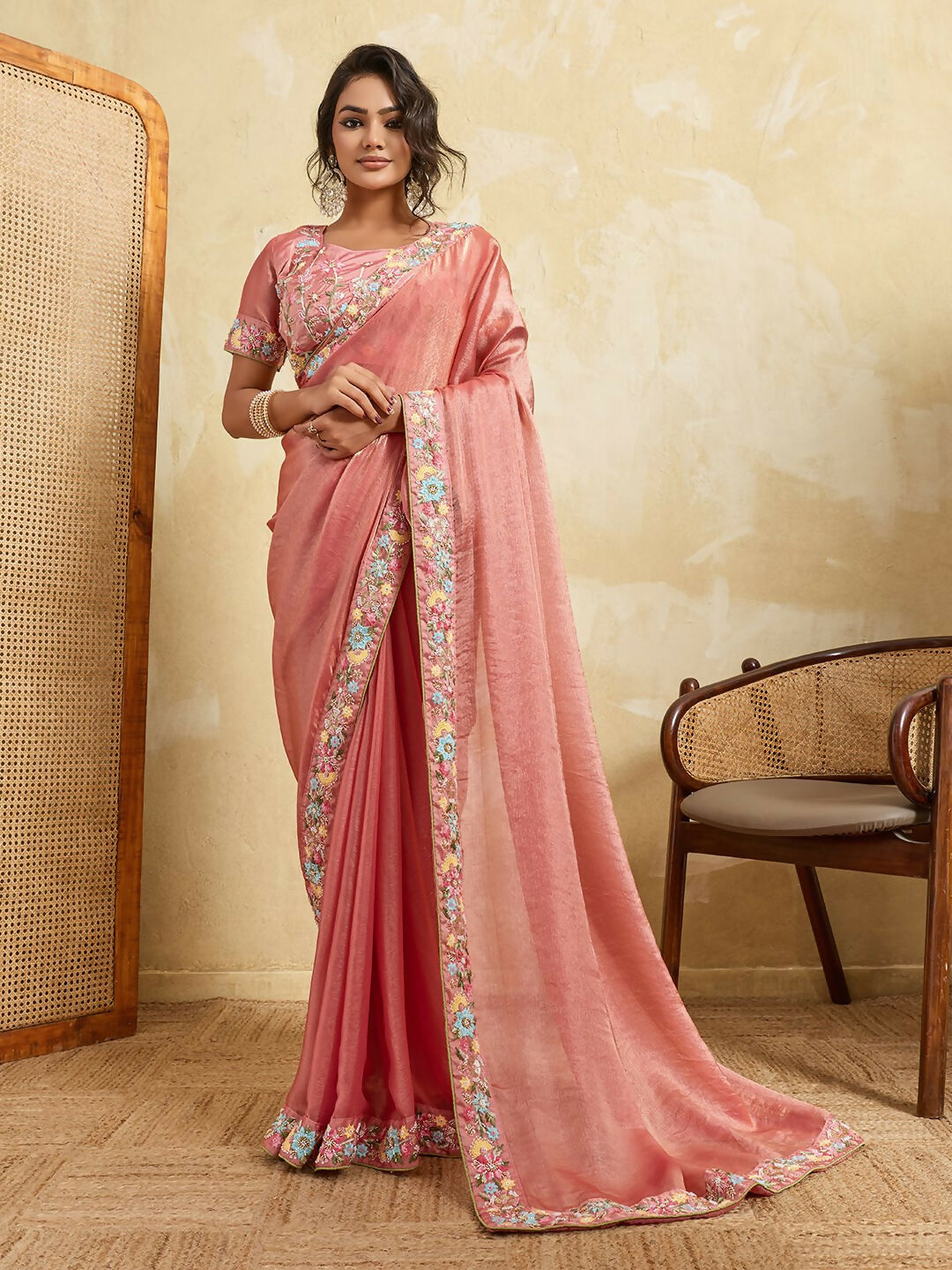 Teeya Creation New Stylish Trendy Party Wear Saree-Peach - Dista