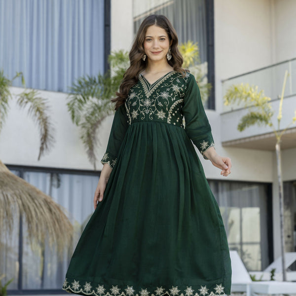 The52 Women's Beautiful Embroidery Work Vichitra Silk Fabric Flared Anarkali Pant and Dupatta Set - Distacart