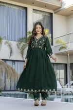 Thumbnail for The52 Women's Beautiful Embroidery Work Vichitra Silk Fabric Flared Anarkali Pant and Dupatta Set - Distacart