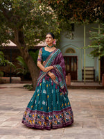 Thumbnail for Vastranavya Patola Printed and Foil Work Tussar Silk Lehenga with Unstitched Blouse - Teal - Distacart