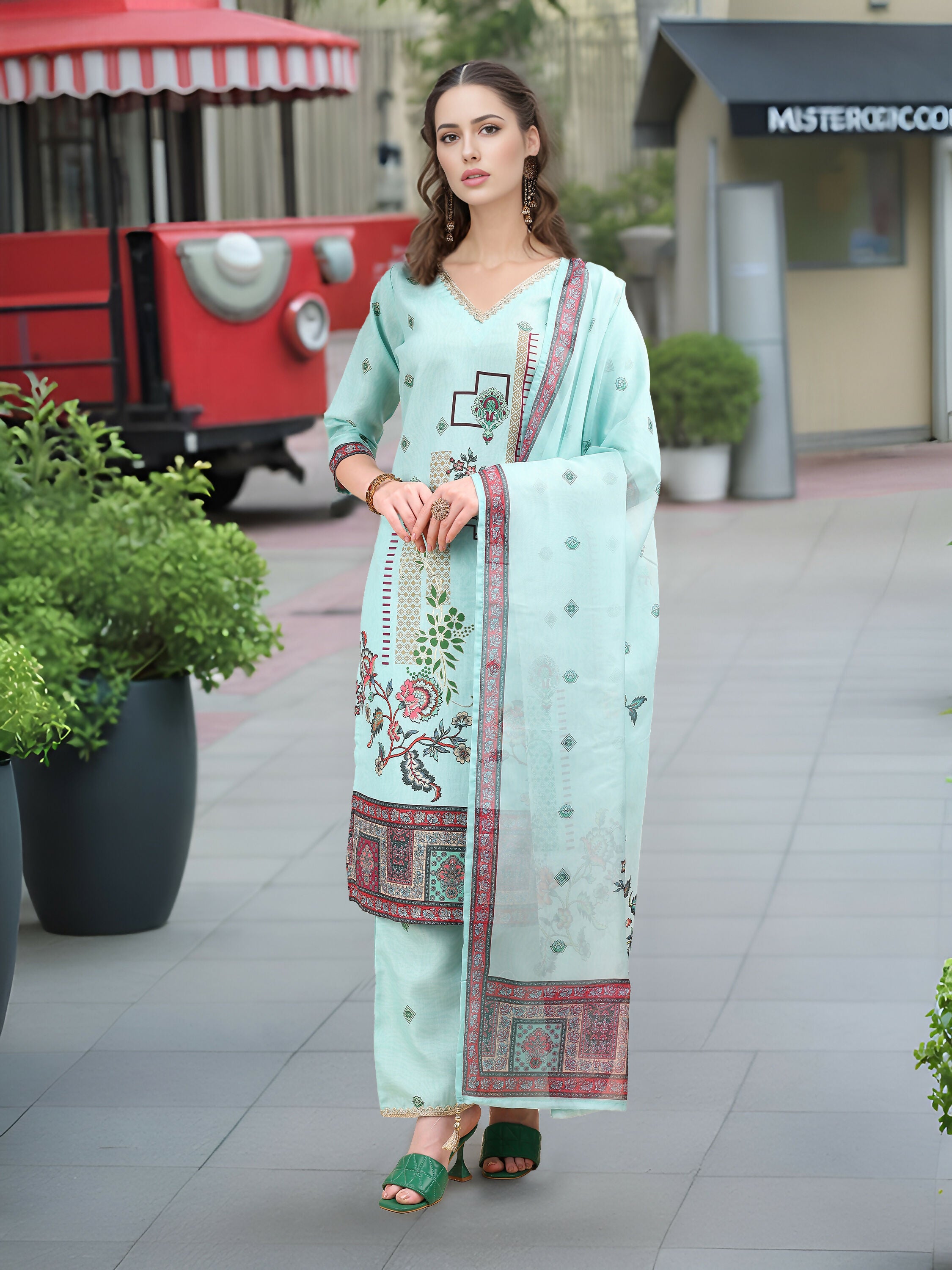 Joban Fashion Sky Blue Positive Digital Print With Position Foil Kurta Set