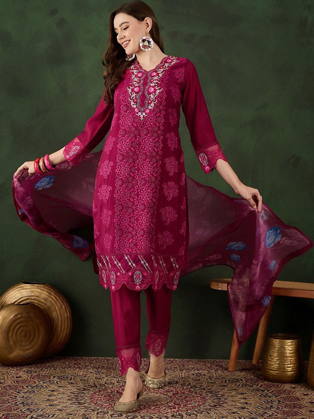 Sangria Embroidered Kurta & Trouser With Dupatta - Distacart