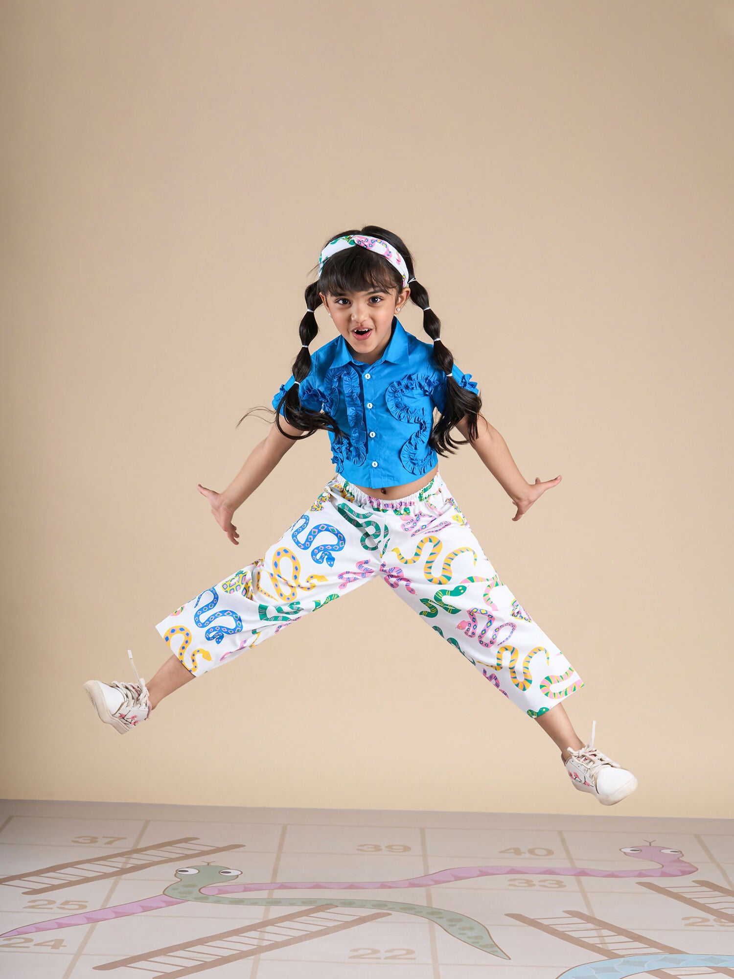 Snakes and Ladders Girls Blue Shirt and Multi Color Snake Print Pant Set from Siblings Collection - Distacart