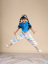 Thumbnail for Snakes and Ladders Girls Blue Shirt and Multi Color Snake Print Pant Set from Siblings Collection - Distacart