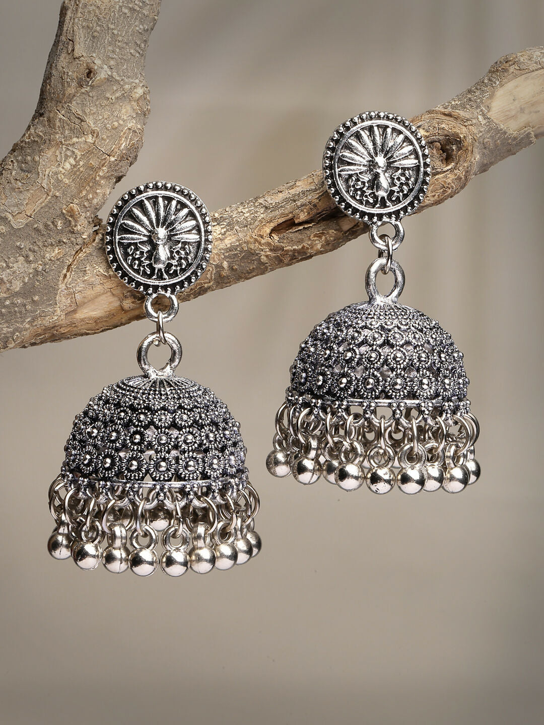NVR Women's Silver-Toned German Silver Oxidised Dome Shaped Jhumka Earrings - Distacart
