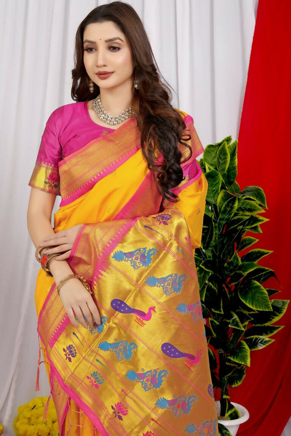 Jyoti Fashion Women's Yellow Paithani Silk Zari Woven Saree with Blouse - Distacart