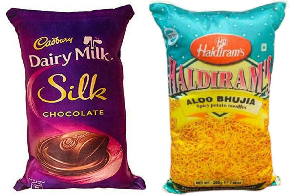 Unique Fashion Pack of 2 Microfibre Filled Reversible Cushion For Kids - Dairy Milk Silk And Haldiram - Distacart