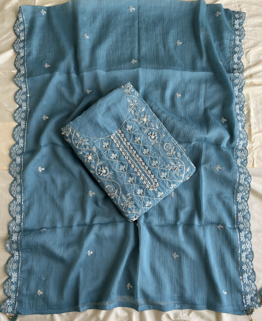 KC Sky Blue Pakistani Straight Suit For Women Chiffon - Dista