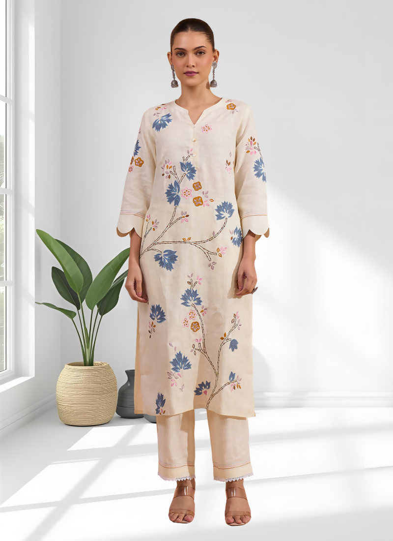 Joban Fashion Cream Linen Embroidered Readymade Long Kurta With Pant