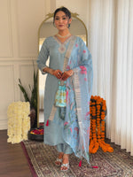 Thumbnail for The52 Embroidered Roman Silk Fabric Straight Kurta, Pant and Dupatta Set