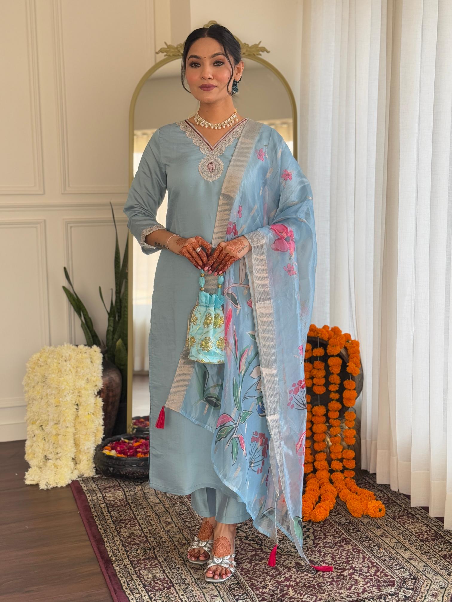 The52 Embroidered Roman Silk Fabric Straight Kurta, Pant and Dupatta Set