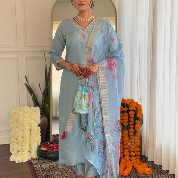 The52 Embroidered Roman Silk Fabric Straight Kurta, Pant and Dupatta Set