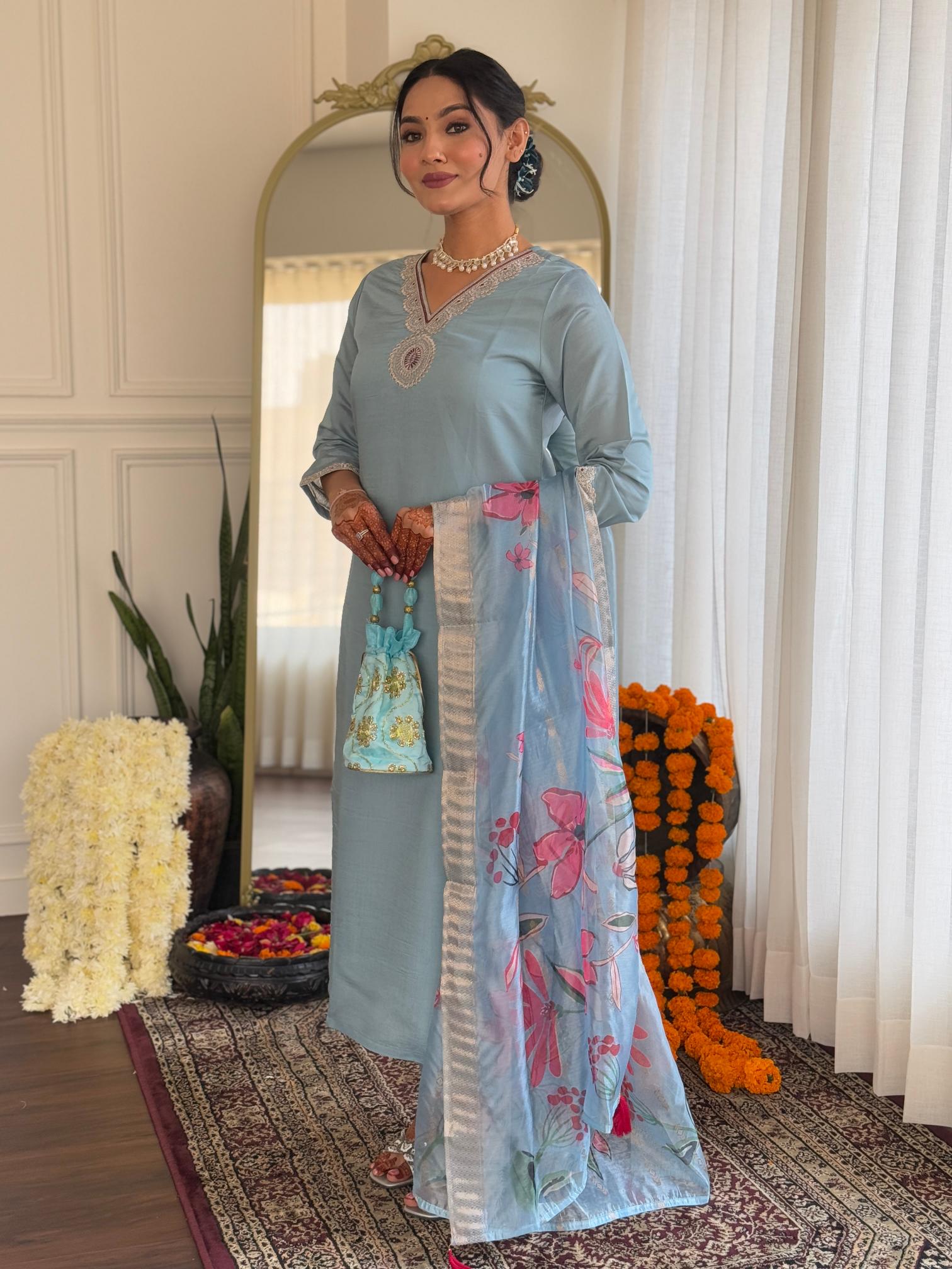 The52 Embroidered Roman Silk Fabric Straight Kurta, Pant and Dupatta Set