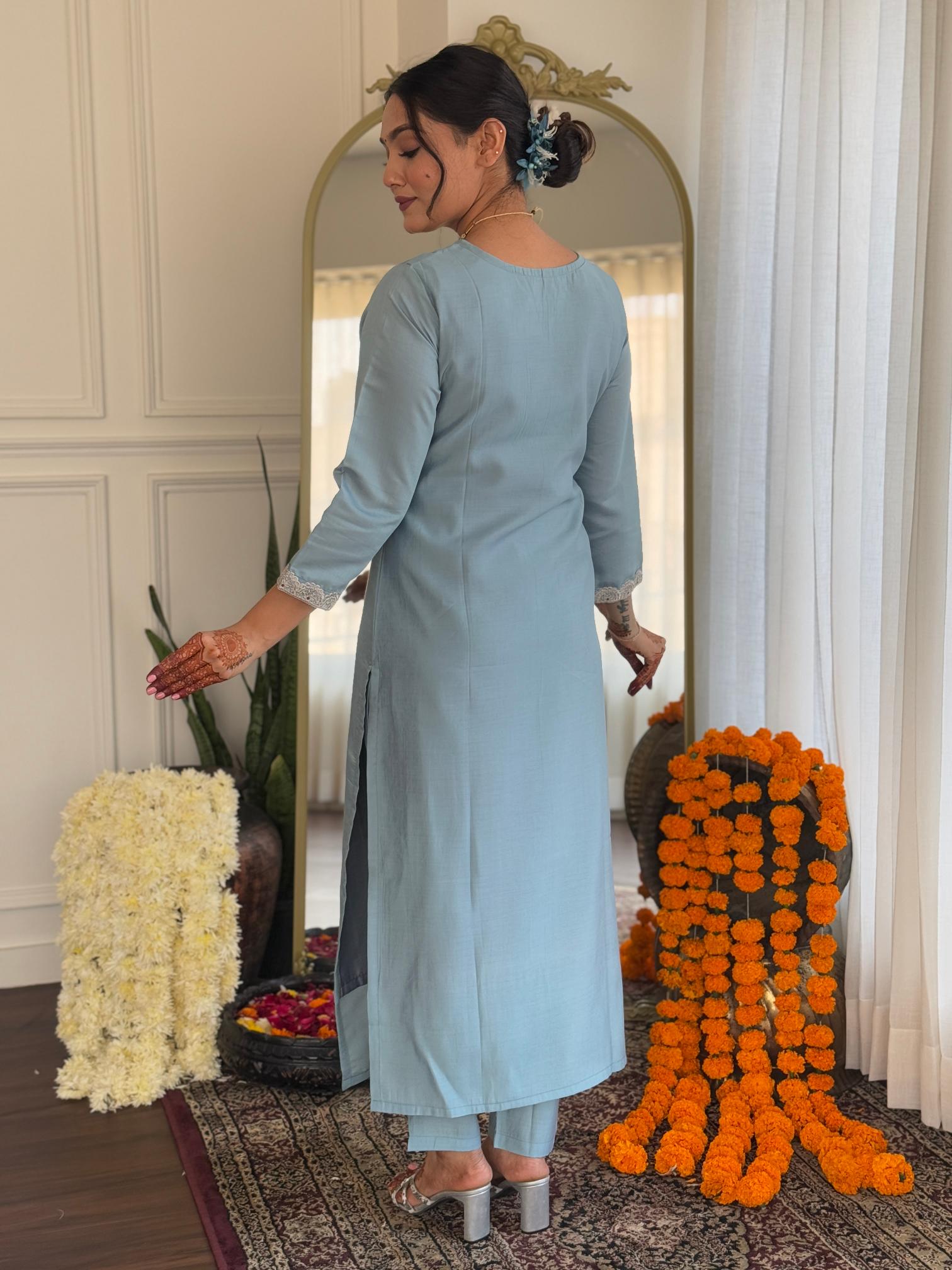 The52 Embroidered Roman Silk Fabric Straight Kurta, Pant and Dupatta Set
