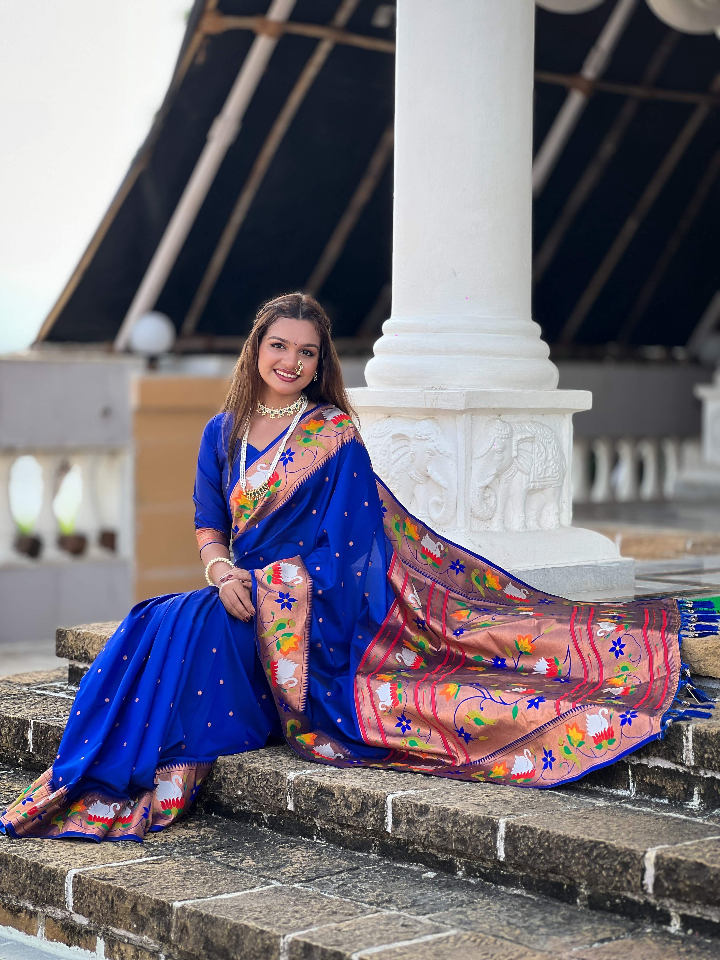 Mameraa Sarees Blue Faux Banarasi Silk Saree With Paithani Rich Weaved Pallu And Blouse-Blue - Dista