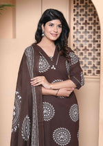 Thumbnail for Miravan Womens Animal Print Cotton Brown Stitched Kurta Palazzo With Dupatta Set - Distacart