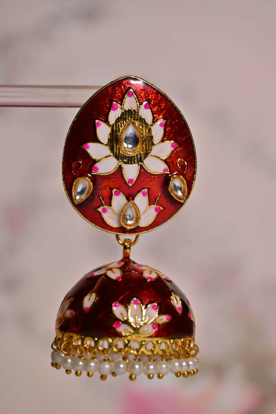 Maroon Hand Painted Ethnic Meenakari Jhumki Earrings By House of Ree - Distacart